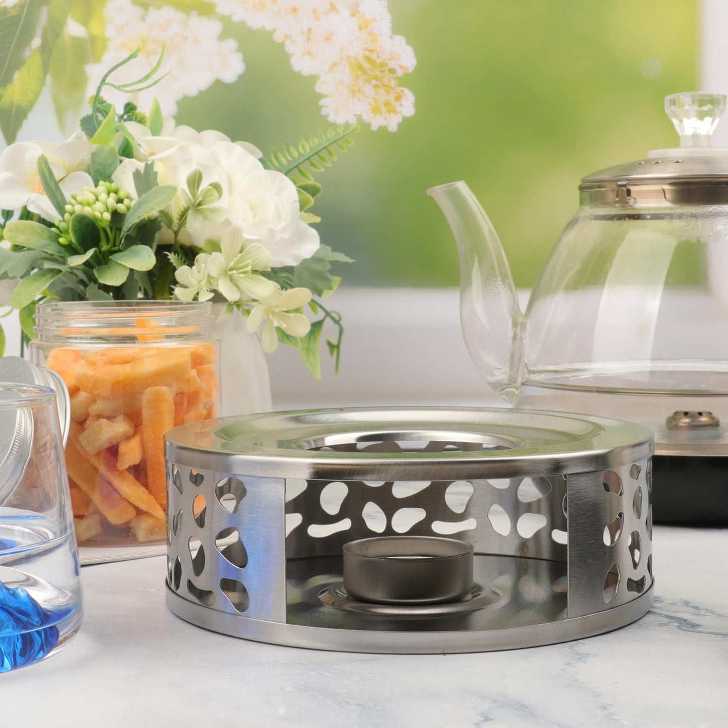 4 PCS 6 inch Round Teapot Warmer, Stainless Steel Teapot Warmer with Candle Base, Elegant Tea Pot Warmers for Keeping Tea, Coffee & More Warm, Perfect for Home, Office & Travel(Gold)