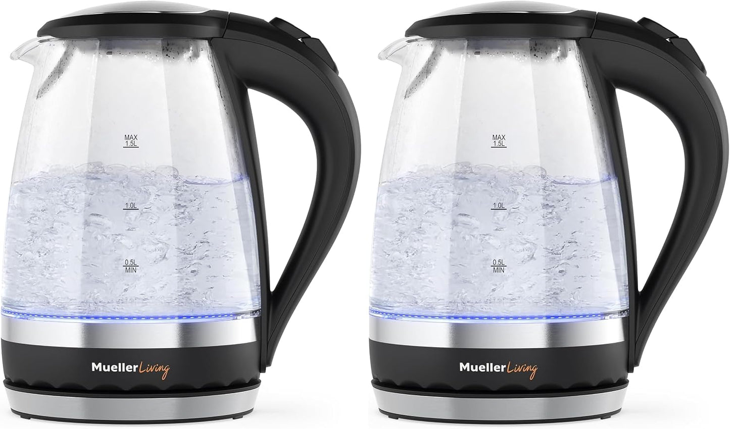 MuellerLiving Glass Kettle 1.5L 1500W LED Light Electric Tea Kettle Automatic Shut-Off with SpeedBoil Tech and Boil-Dry Protection | 1.5L | 1500W | LED Light | Automatic Shut-Off | SpeedBoil Tech | Boil-Dry Protection