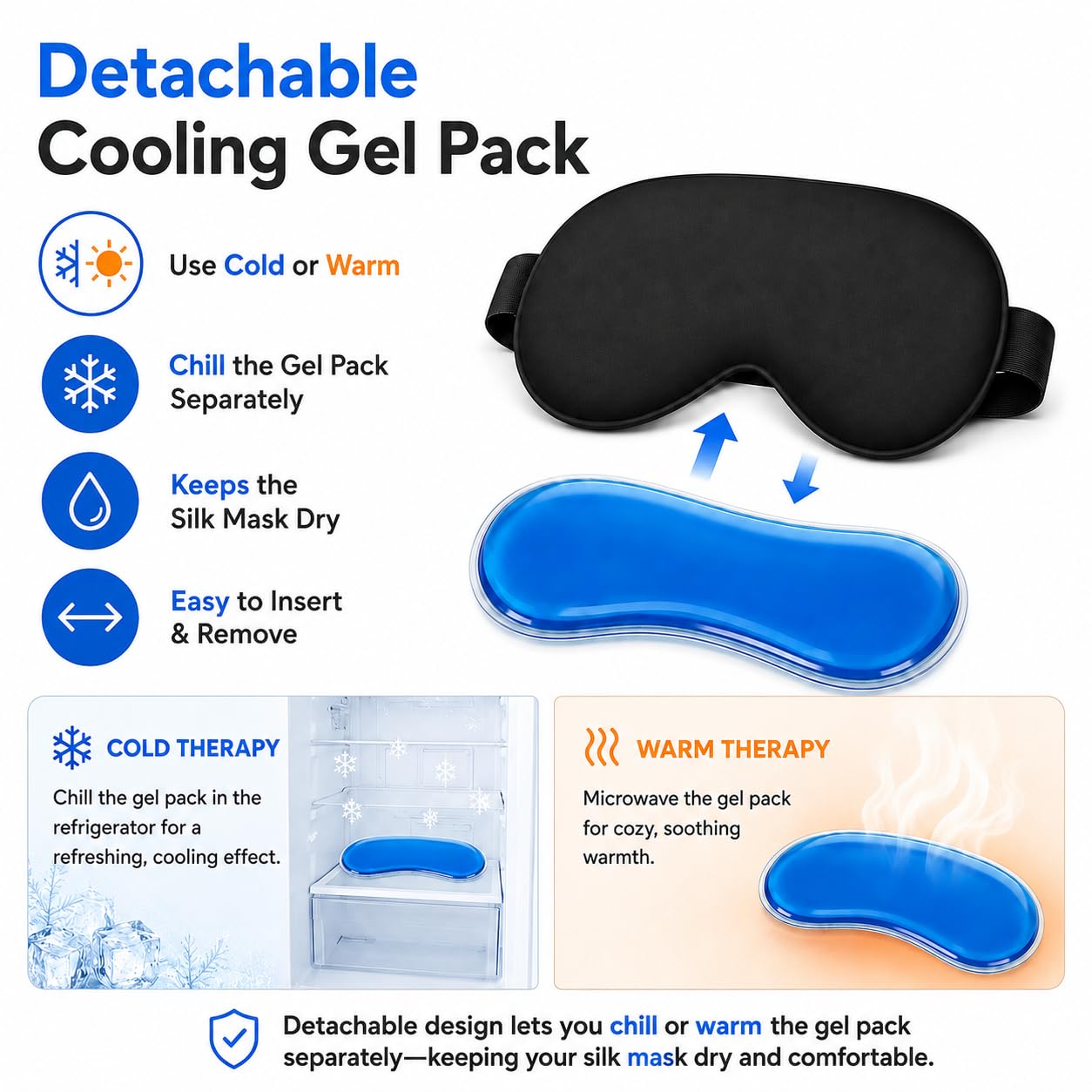 Silk Sleep Mask with Cooling Gel | Pure Mulberry Silk, Adjustable Strap, Superior Light Blocking, Includes Removable Ice Pack & Earplugs