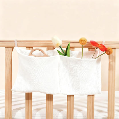 Baby Bedside Hanging Storage Bag Muslin Cotton Teddy Bear, Crib Diaper Caddy Organizer 2 Pockets, Nappy-Dormitory Nursery Organization Holder for Cribs, Playard or Wall Milk Bottle Bib Organizing