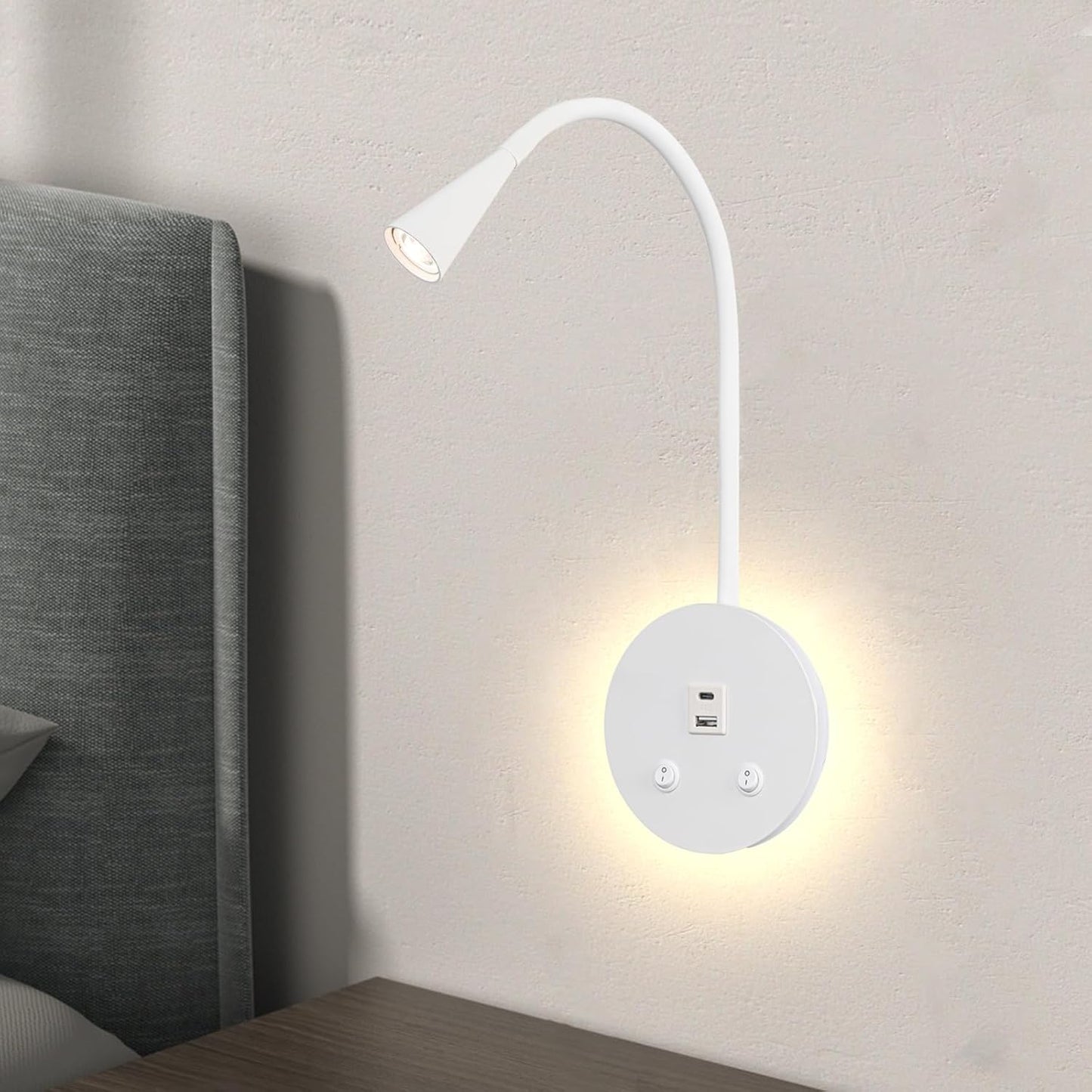 Book Lights for Reading at Night, LED Wall Mounted Reading Light, Flexible Gooseneck Wall Lamps for Bedroom, Plug in Wall Lights with USB Charging, Bedside Wall Sconces Focused Bed Lamp (Black)