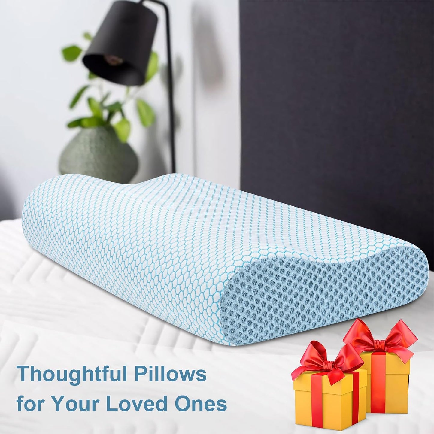 Anvo Memory Foam Pillow, Neck Contour Cervical Orthopedic Bed Pillow for Sleeping Side Back Stomach Sleeper, Ergonomic Design for Neck and Shoulder Pain Relief, Blue White, Firm