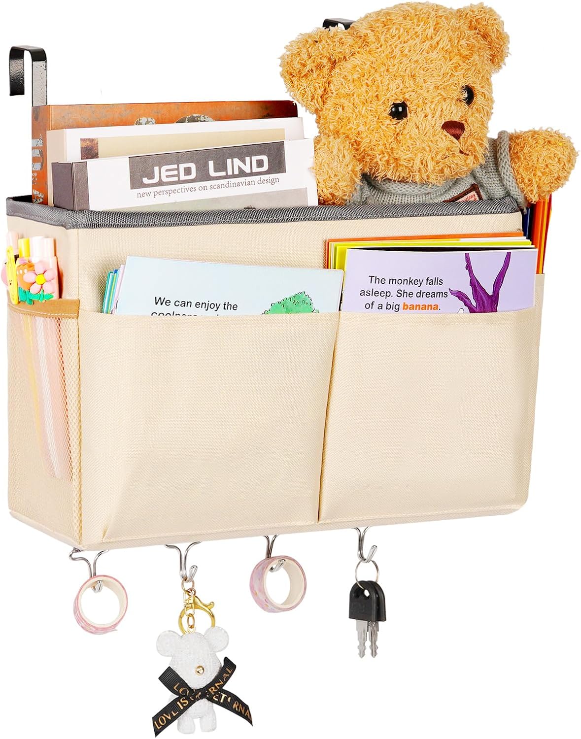 Bedside Caddy Organizer 5 Pockets and 4 Hooks for Bunk Bed Pink | Hanging Storage Bag for Headboards