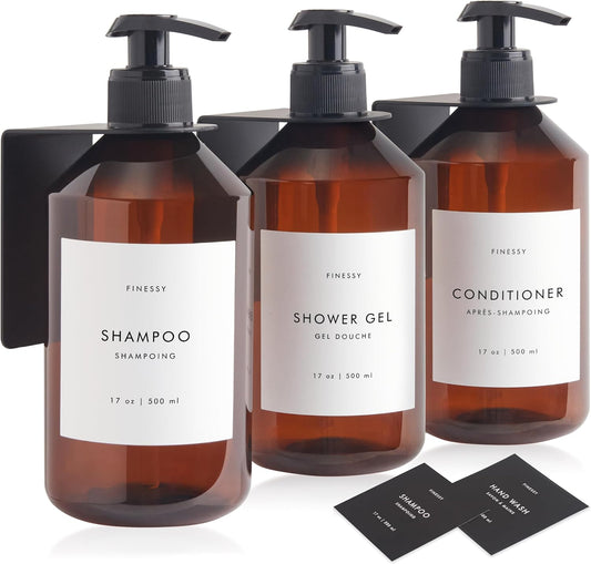 FINESSY Amber Shampoo and Conditioner Dispenser for Shower Wall No Drill | 3 Plastic 17oz Fillable Shower Bottles With Labels. Shower Shampoo Dispenser Wall Mounted. Airbnb Empty Soap Pump Bottles.