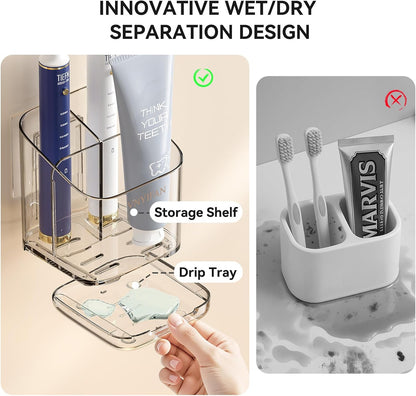 3 Slots Toothbrush Holders with Detachable Dividers for Bathrooms | Toothbrush Holder Wall Mounted with Drip Tray, Electric Tooth Brush and Toothpaste Holder Organizer for Bathroom Countertop