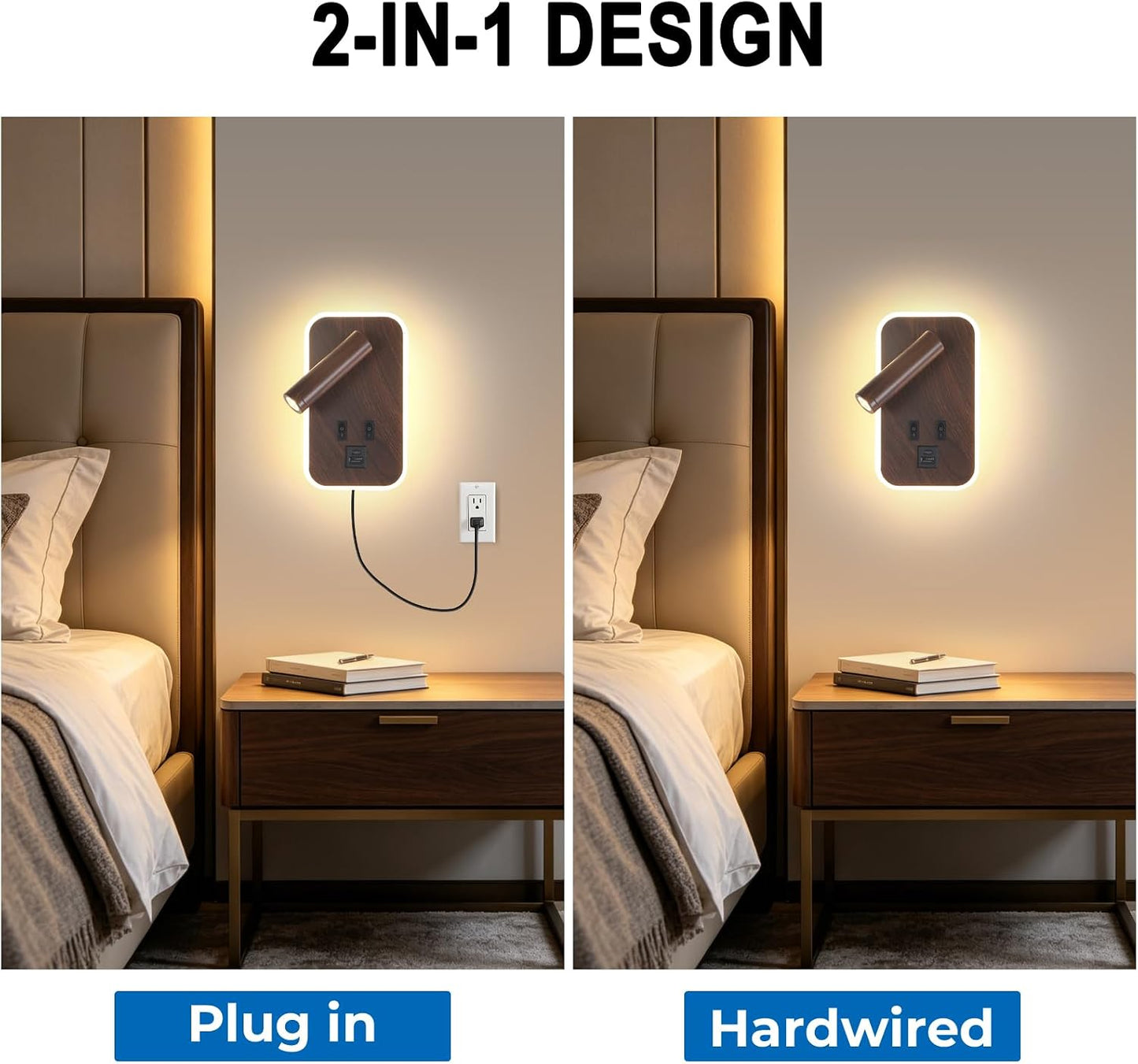 Plug in Wall Sconce with Wall Mounted Reading Lights with Switch | Wall Lamp for Bedroom with Charging Station USB C+A Ports,Bunk Bed Lights with 3W+9W Night Light,Walnut Color Reading Light