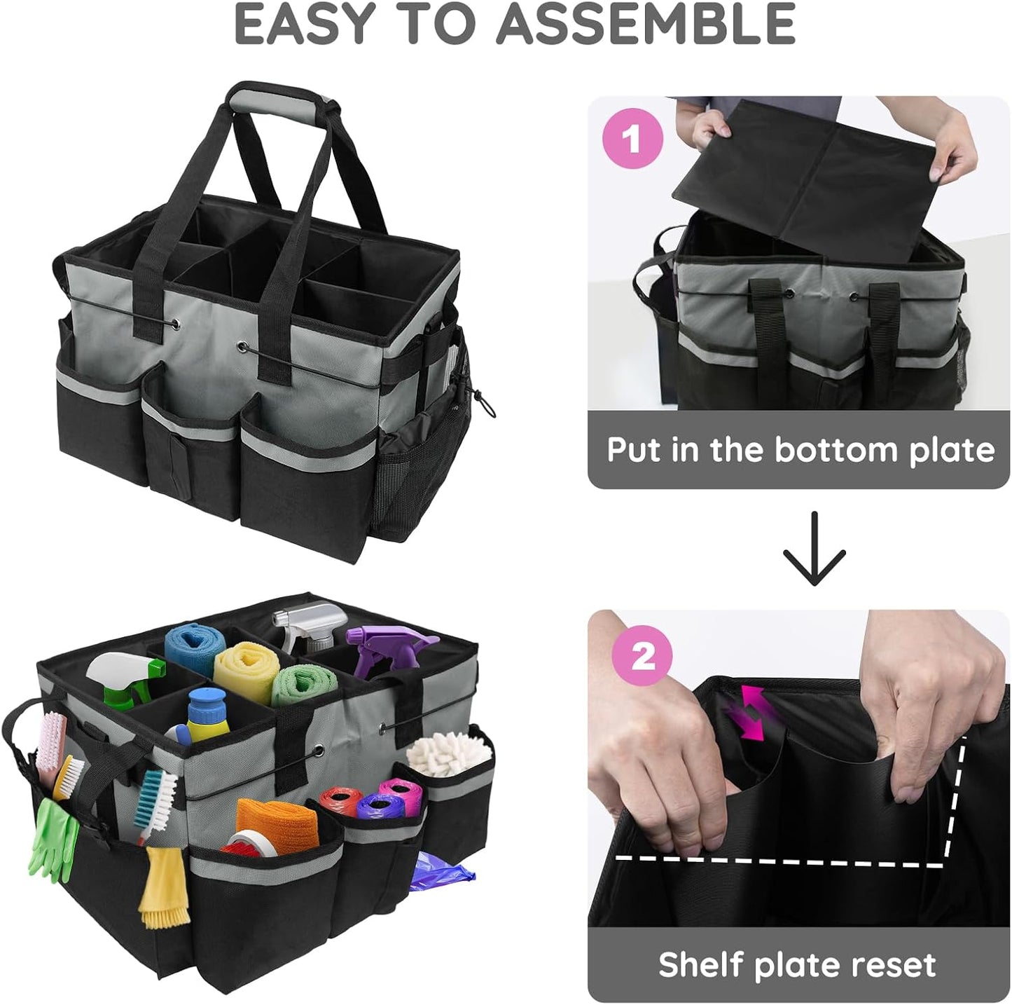 ZKOO Large Cleaning Caddy Bag with Handle, Built-in Sturdy Support Board, Adjustable Shoulder Strap, Multi-compartment Design Cleaning Supply Tote for Cleaners & Housekeepers (Pink)