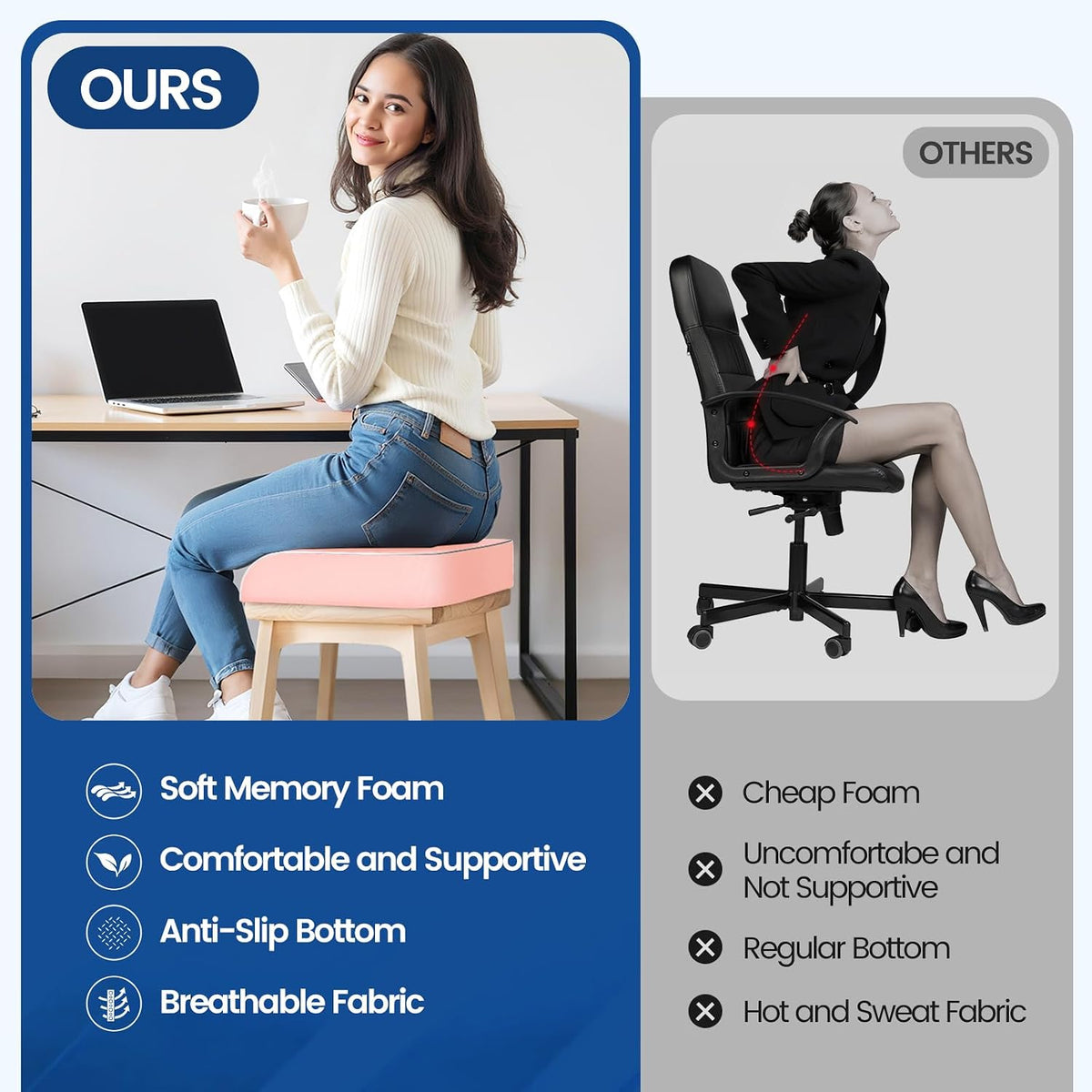SweetSlubr Memory Foam Seat Cushion, Office Chair Cushion, 3-Inch, Large