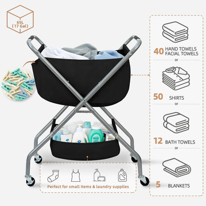 STORAGE MANIAC Collapsible Laundry Cart with Wheels 35.6"H Removable Canvas Bag Rolling Laundry Hamper Clothes Basket with Wheels, Sturdy Steel Frame Folding for Small Narrow Space Easy Storage, Beige