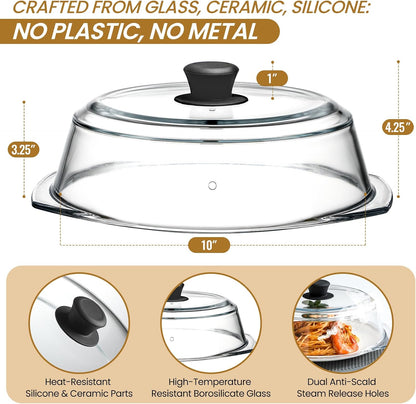 2 in 1, Tall Glass Microwave Splatter Cover for Food & Microwave Place Mat, Plate Splatter Guard Lid with Silicone Handle Knob, Cookware & Bakeware Serving Dish Cover, Food Grade, No Plastic, 10in