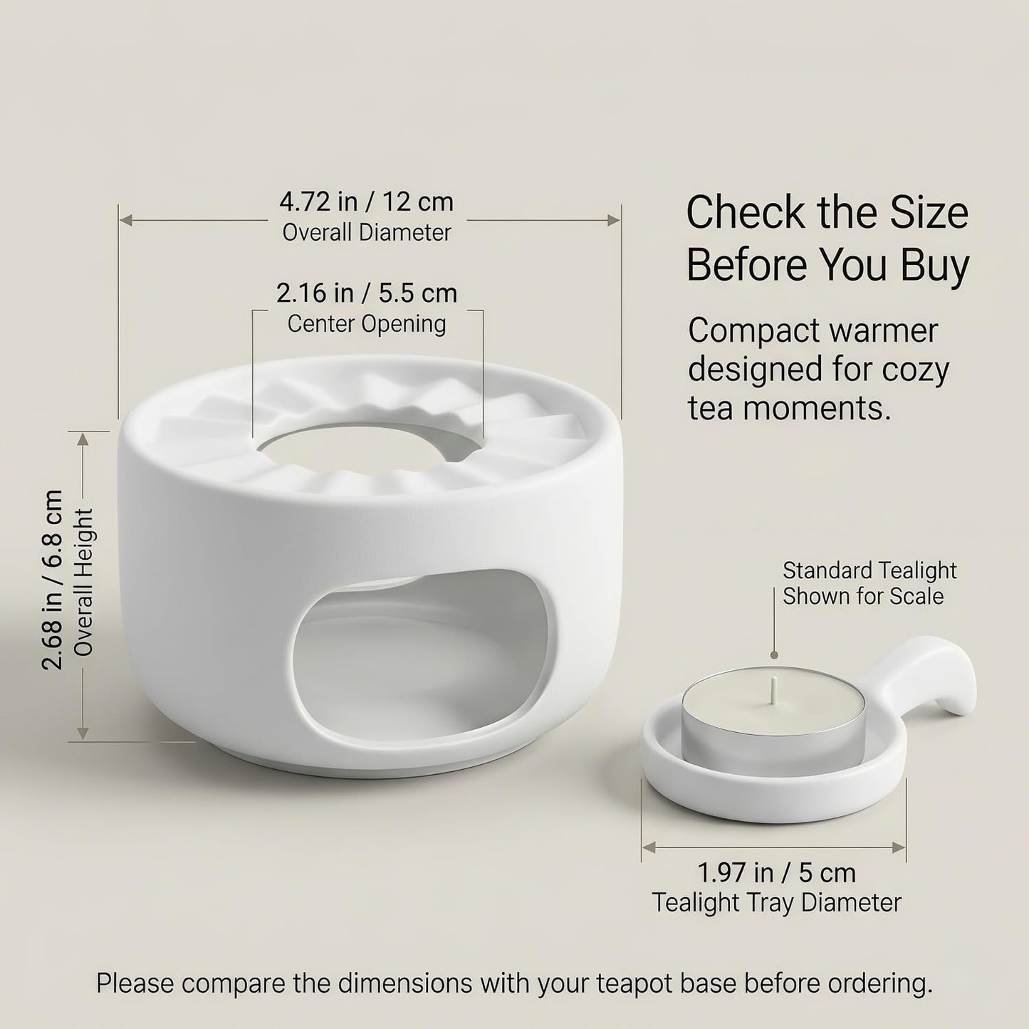 Ceramic Teapot Warmer with Removable Candle Spoon, Tea Pot Warmer Base | Deep matte black finish; 4.72 in low-profile base fits flat-bottom glass or ceramic teapots and uses a standard tealight.