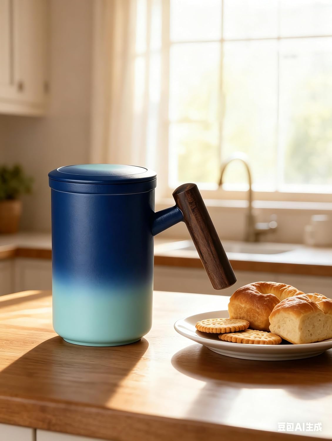 Tea Cup with Infuser and Lid,15 oz Ceramic Loose Leaf Tea Mug,Blue | All Ceramic Infuser &Wooden Handle,Hand Wash Only,Metal-Free,Lead-Free,BPA-Free,Warm Gift for Tea Lovers