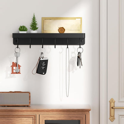 niffgaff Black Key Holder Wall Mount, Stainless Steel Self Adhesive Hooks Rack with Shelf, No Drill Key Hanger for Door and Wall