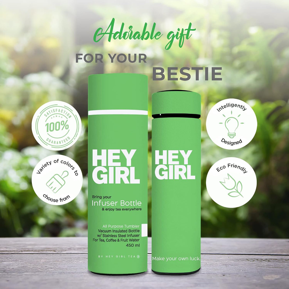 Hey Girl Tea Infuser Bottle 450ml - Insulated Stainless Steel Water Bottle - Tea Tumbler with Tea Diffuser - Portable Travel Mug for Loose Leaf Tea & Infused Water - Tea Lovers Gifts for Women (Pink)