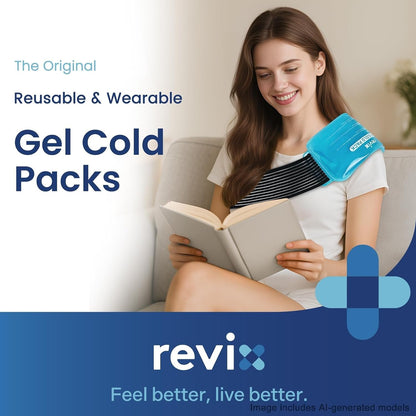 REVIX Ice Packs for Injuries Reusable, 2 Packs Hot & Cold Gel Ice Packs with PVC Cooling Design & Adjustable Strap, Flexible Therapy on Joints, Muscles, Shoulder, Back and Knee (10" x 5" Blue)