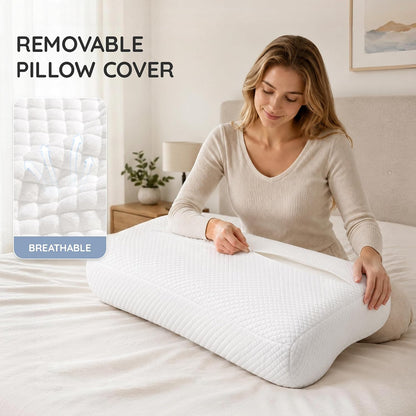 Contour Memory Foam Cervical Pillow for Neck Pain Relief, White | Orthopedic neck support | Standard size | side/back/stomach sleep | cervical alignment | two height choices | washable cover