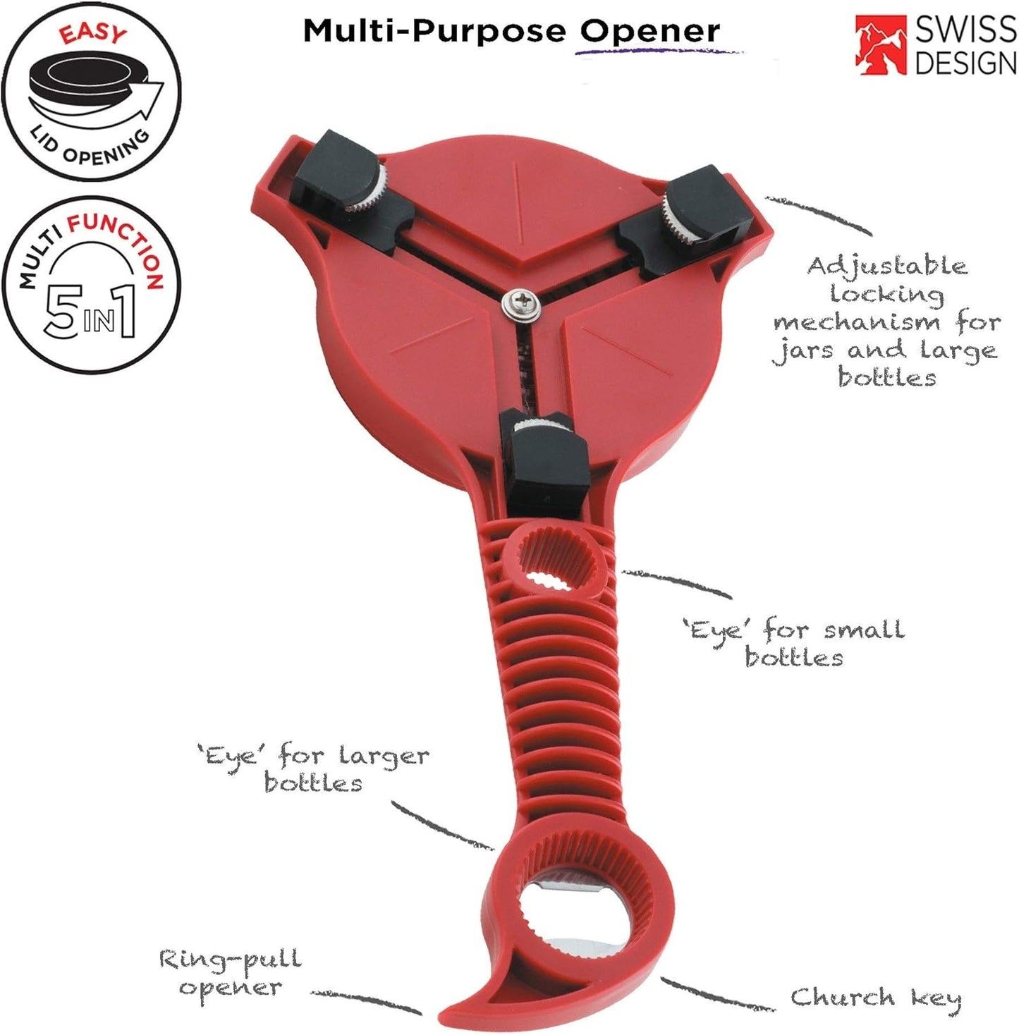 Kuhn Rikon 5-in-1 Multi-Purpose Strain-Free Opener for Jars, Bottles and Ring-Pull Cans, 5 x 10 x 2.25 inches, Red
