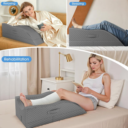 TranquilRelax Leg Elevation Pillows for After Surgery, Wedge Pillow, Grey | Memory Foam, All-around Knee & Ankle Support for Swelling, Height-adjustable, Nop-Slip Bottom, Washable Cover, Single-leg