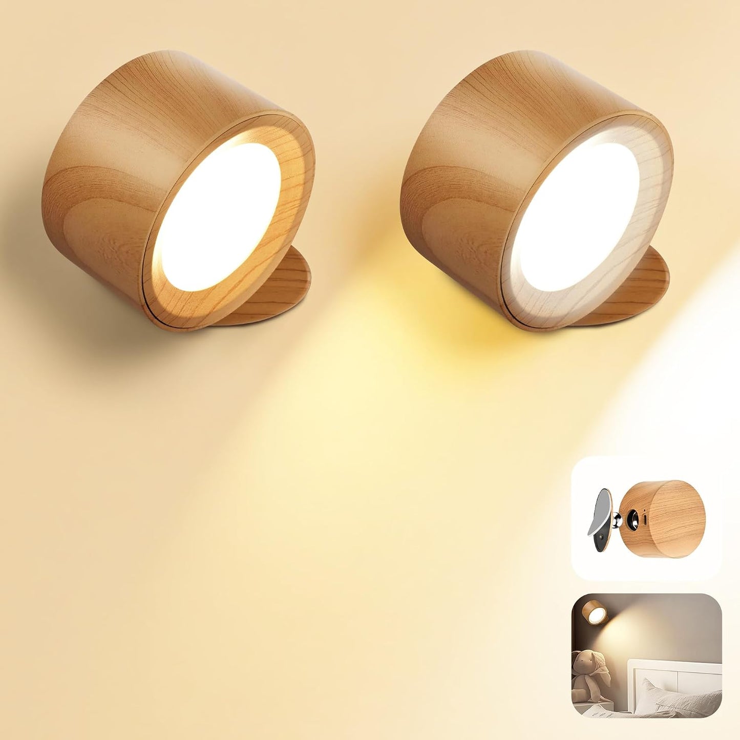 LED Wall Mounted Lamps, 3CCT Battery Operated Wall Lights, Wood-2 Pack | Rechargeable & Dimmable Wall Lights, Cordless Wall Sconces for Picture Bedside Bedroom Reading