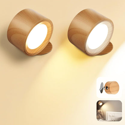 LED Wall Mounted Lamps, 3CCT Battery Operated Wall Lights, Wood-2 Pack | Rechargeable & Dimmable Wall Lights, Cordless Wall Sconces for Picture Bedside Bedroom Reading