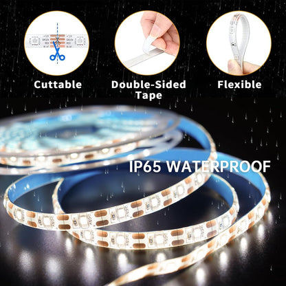 LED Light Strip Motion Sensor, USB Powered, Waterproof Rope Lights 6000K, Day and Night Modes Dimming, Indoor/Outdoor Use, Adhesive Tape 16.4ft