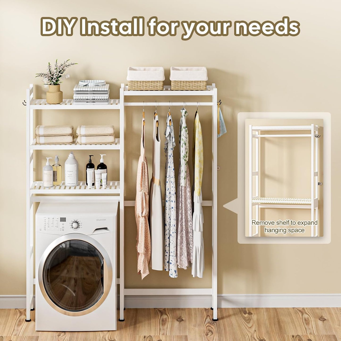 Cozivolife Over The Washer Dryer Storage Shelf: Bamboo 5 Tiers (Natural) | Laundry Room Drying Rack with Adjustable Shelves and 4 Hooks - Space Saver Organizer for Hanging Clothes and Towels