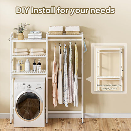 Cozivolife Over The Washer Dryer Storage Shelf: Bamboo 5 Tiers (Natural) | Laundry Room Drying Rack with Adjustable Shelves and 4 Hooks - Space Saver Organizer for Hanging Clothes and Towels