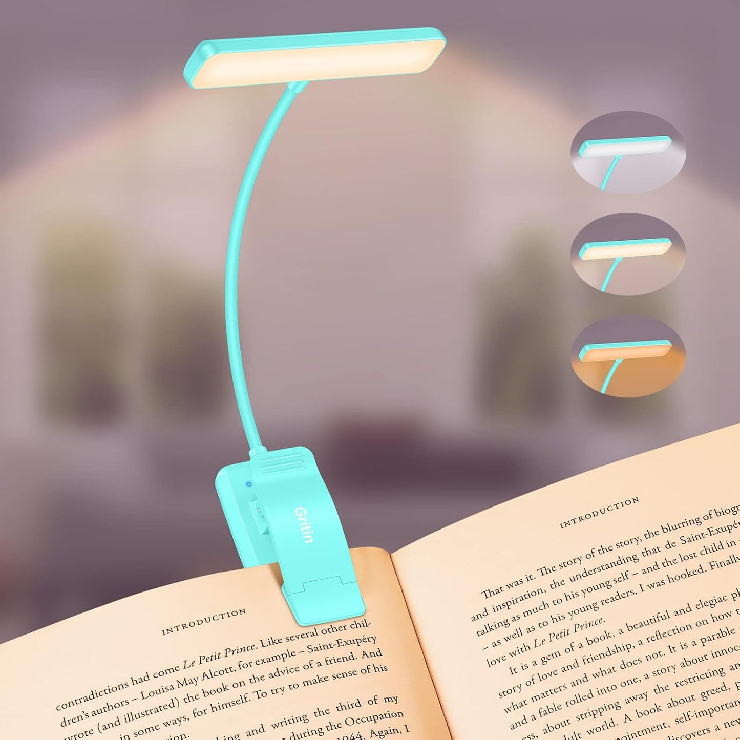 Gritin 19 LED Rechargeable Book Light for Reading in Bed | Eye Caring 3 Color Temps,Stepless Dimming Brightness,Memory Function,90 Hrs Runtime Lightweight Clip on Light for Book Lovers