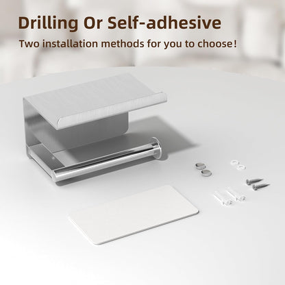 Adhesive Toilet Paper Holder with Shelf, Stainless Steel, Silver | Two Installation Ways:Self Adhesive or Wall Mount, Stick On Toilet Paper Holder, Peel and Stick, Bath Tissue Holder, Bathroom