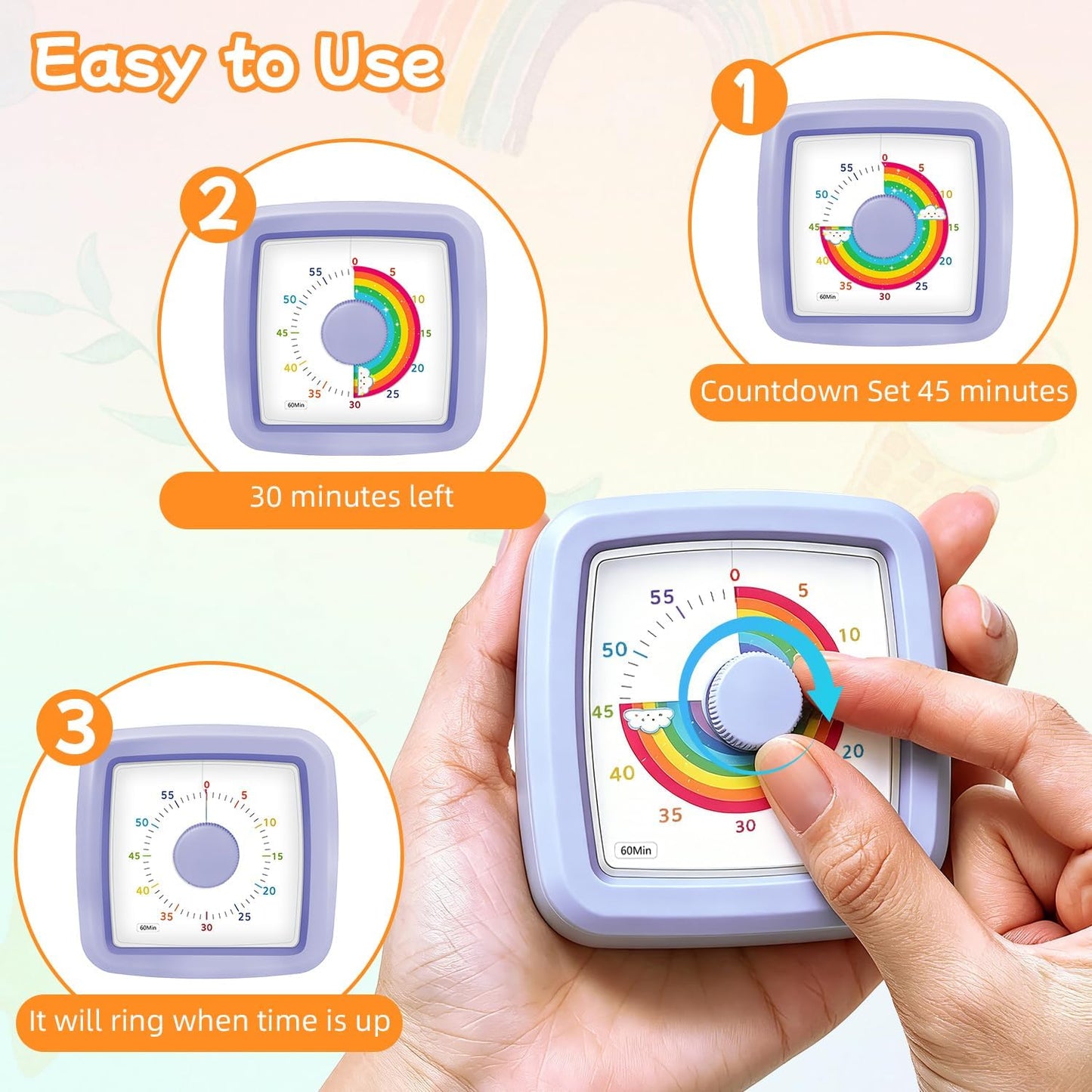 Visual Timer for Kids 60 Minute Countdown Clock – Silent Cube Timer with Rainbow Cloud Design, Plastic Kids Visual Timer, Toddler Timers for Classroom Home Kitchen Study Tools, Green