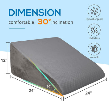 Sasttie Wedge Pillow 24x24x12 inch, Memory Foam Bed Wedge, Cool Grey | Triangle Pillow for Sleeping, Acid Reflux, Back Pain, Post-Surgery, and Snoring, Designed with Removable Washable Cover