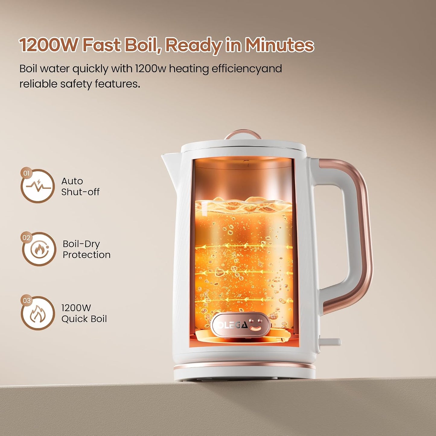 OLEGA Electric Tea Kettle: 1200W Fast Boil Electric Water Kettles 1.5L | Stainless Steel Kettle; Large Electric Water Kettle; Plastic Free Teapot; Auto Shut-Off Water Boiler; Fast Boil Kettles