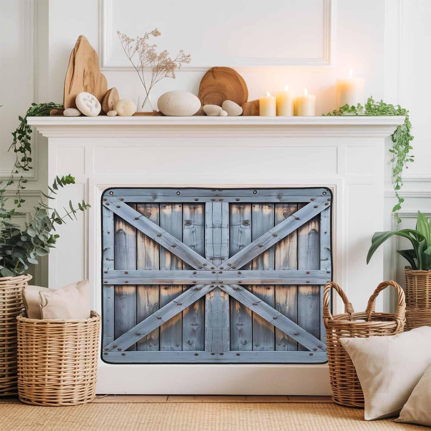 Magnetic Fireplace Cover Barn Gate Fireplace Screen Decorative Farmhouse Wood Grain Walls Door Insulation Fireplace Blocker Save Energy Fireplace Draft Stopper Covers for Living Room 36x30 Inch