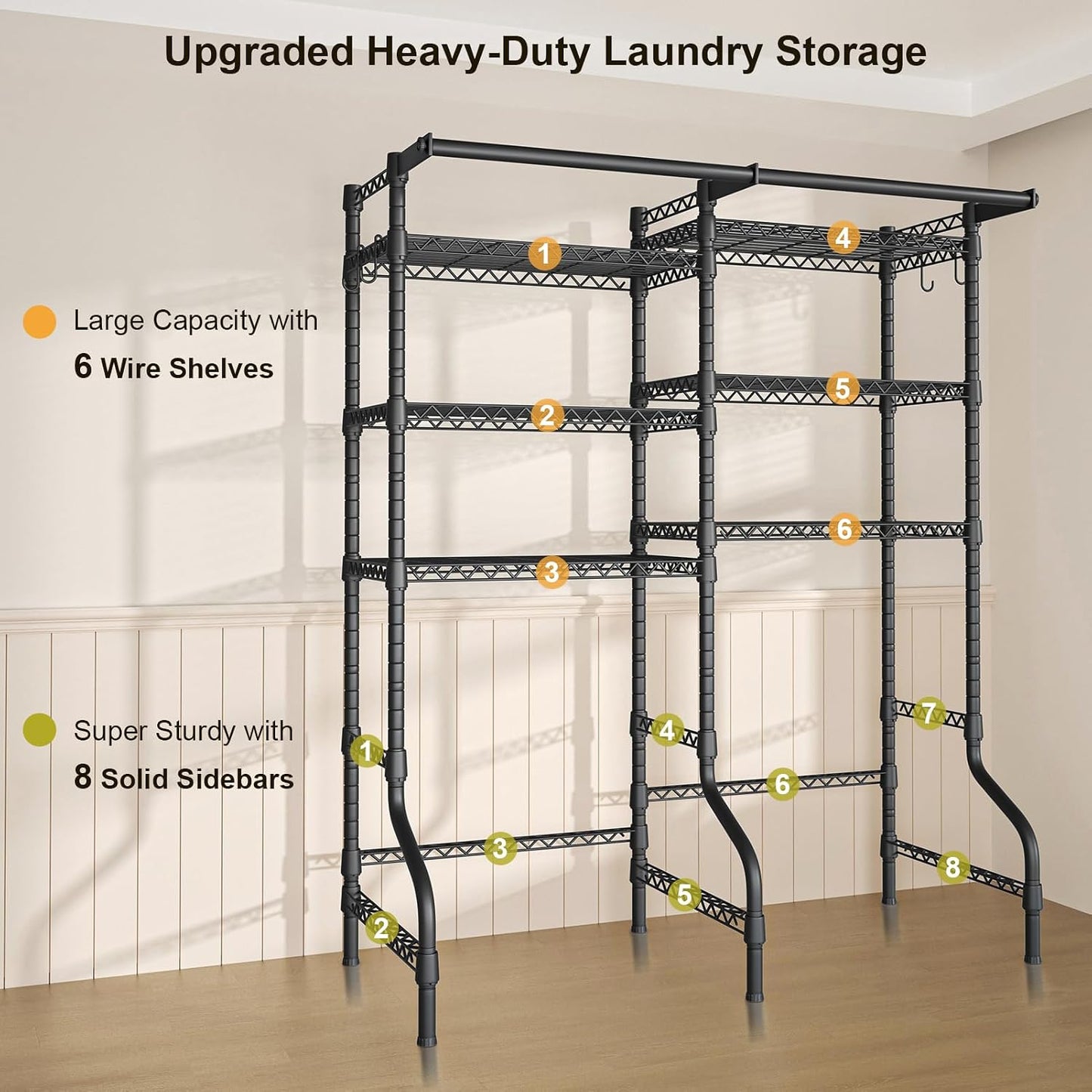U13 Medium Over Washer and Dryer Storage Shelves, 6 Tiers Laundry Rack | Metal Clothes Drying Rack Space Saver with 2 Hanger Rods and Hooks, Laundry Room Standing Shelf Above Washer Dryer, White