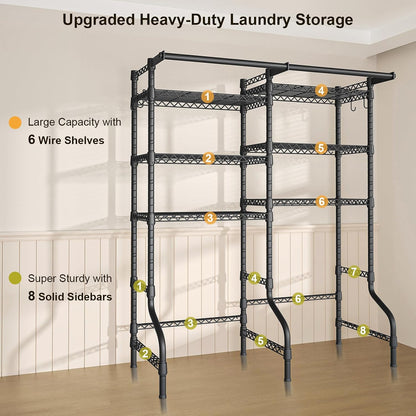 U13 Medium Over Washer and Dryer Storage Shelves, 6 Tiers Laundry Rack | Metal Clothes Drying Rack Space Saver with 2 Hanger Rods and Hooks, Laundry Room Standing Shelf Above Washer Dryer, White