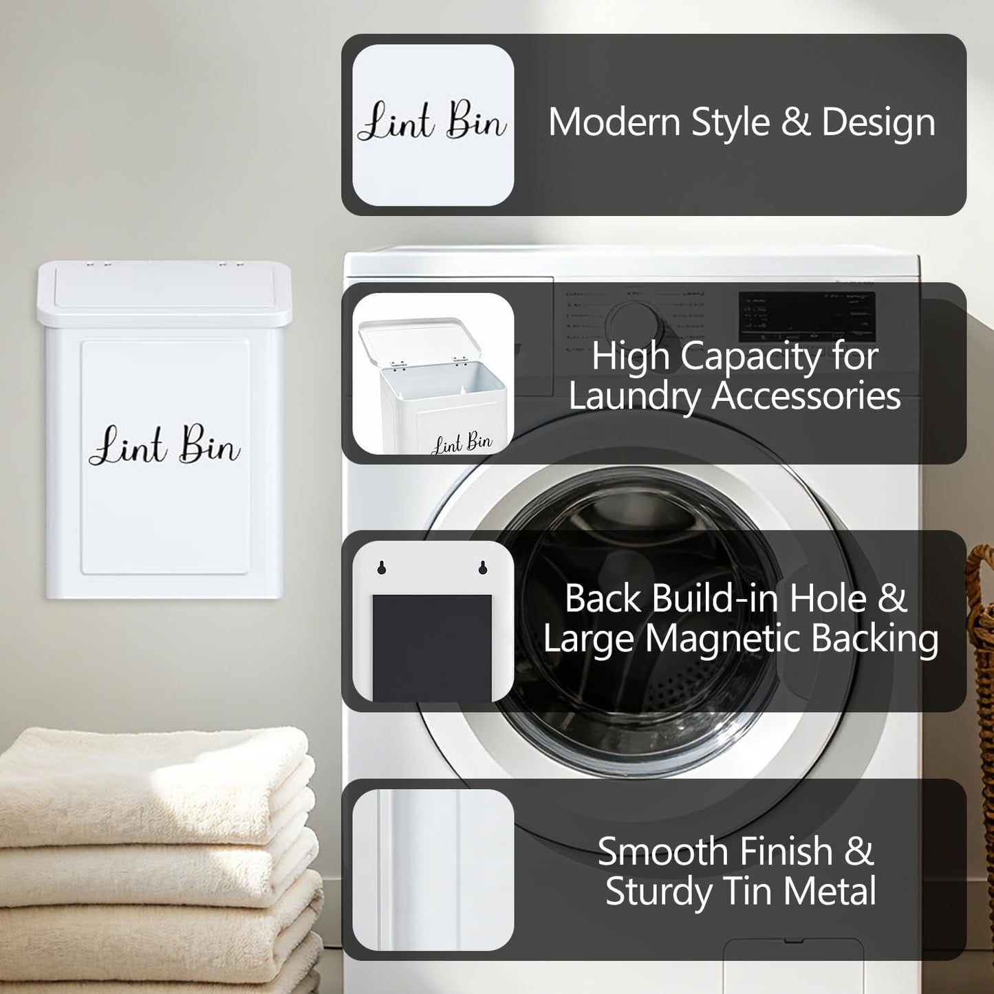 Magnetic Lint Bin for Laundry Room- Wall Mounted Metal Lint Box Holder Trash Can with Dryer Lint Brush, Laundry Room Organization and Storage Decor White