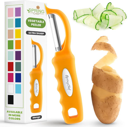 Spring Chef Swivel Potato Peeler for Kitchen w/ Soft Grip Handle, Mango | Premium Vegetable Peeler w/ Sharp Stainless Steel Blades, Multifunctional Food Peeler for Apple, Carrot, Cucumber, Fruit