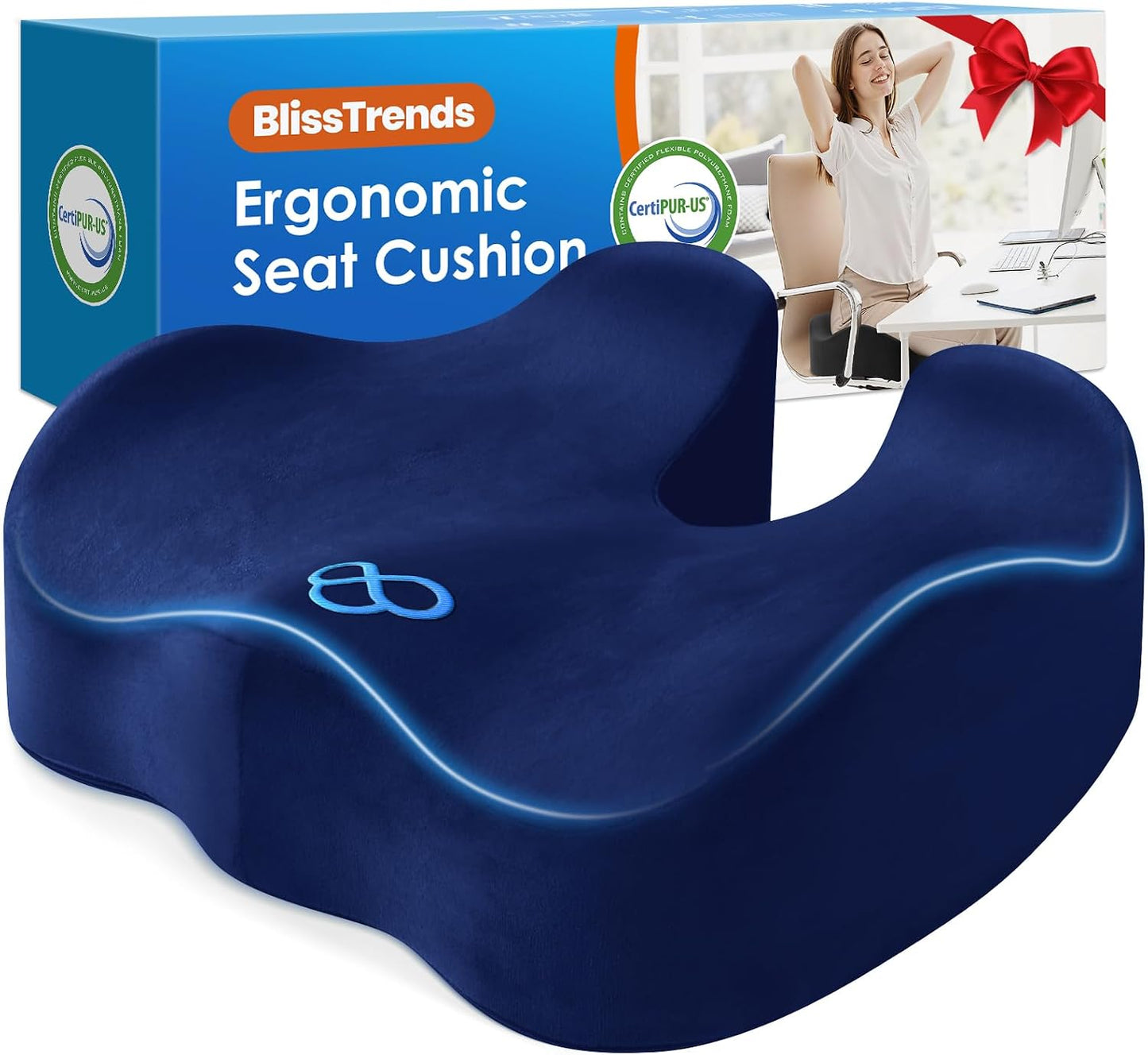 BlissTrends Memory Foam Seat Cushion for Office Chair & Car Seat, Black | 4.7in Ergonomic Tailbone & Sciatica Support with Removable Velvet Cover for Pressure Relief and Long Sitting Comfort