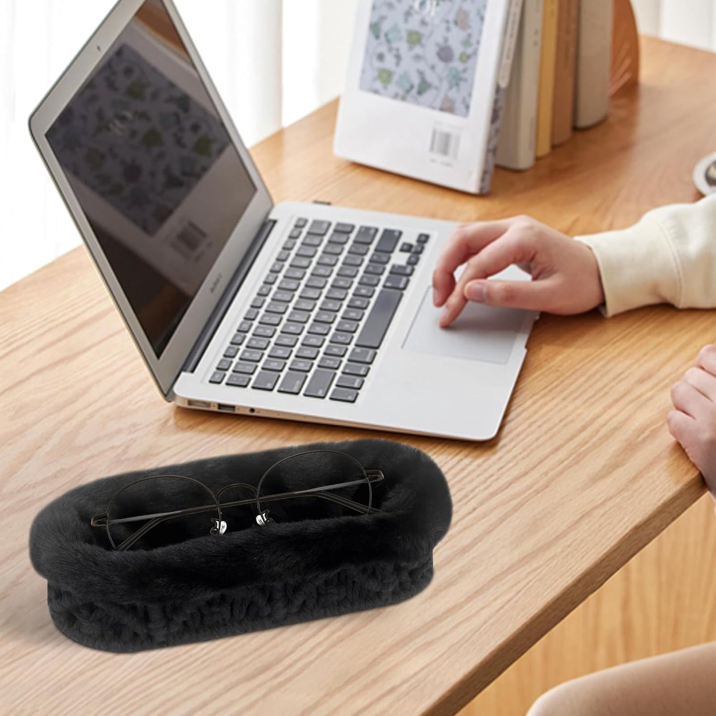 Glasses Holder, Anti-scratch Plush Lined Eyeglass Holder Stand | Oval Eye-glasses Storage Organizer Case for Nightstand, Office Desk, Bedside Table, Beige