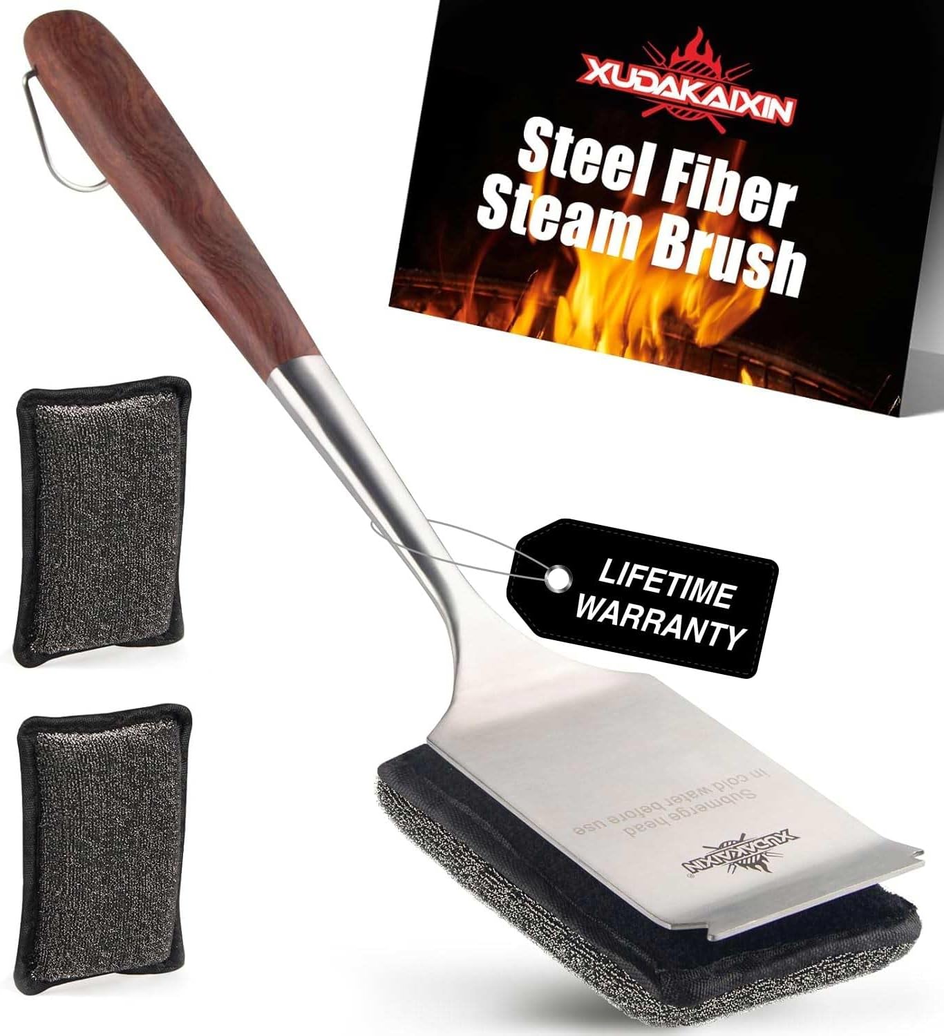Bristle-Free Steam Cleaning Grill Brush Kit – Luxurious Long Rosewood Handle, Includes 1 Replacement Head – Safe BBQ Grill Cleaning for Outdoor Grill – Great Gift for Men/Dad