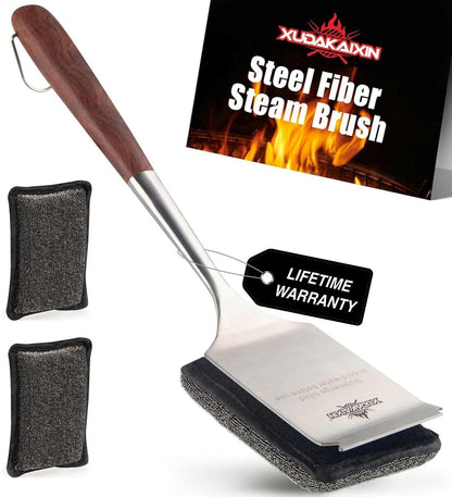Bristle-Free Steam Cleaning Grill Brush Kit – Luxurious Long Rosewood Handle, Includes 1 Replacement Head – Safe BBQ Grill Cleaning for Outdoor Grill – Great Gift for Men/Dad