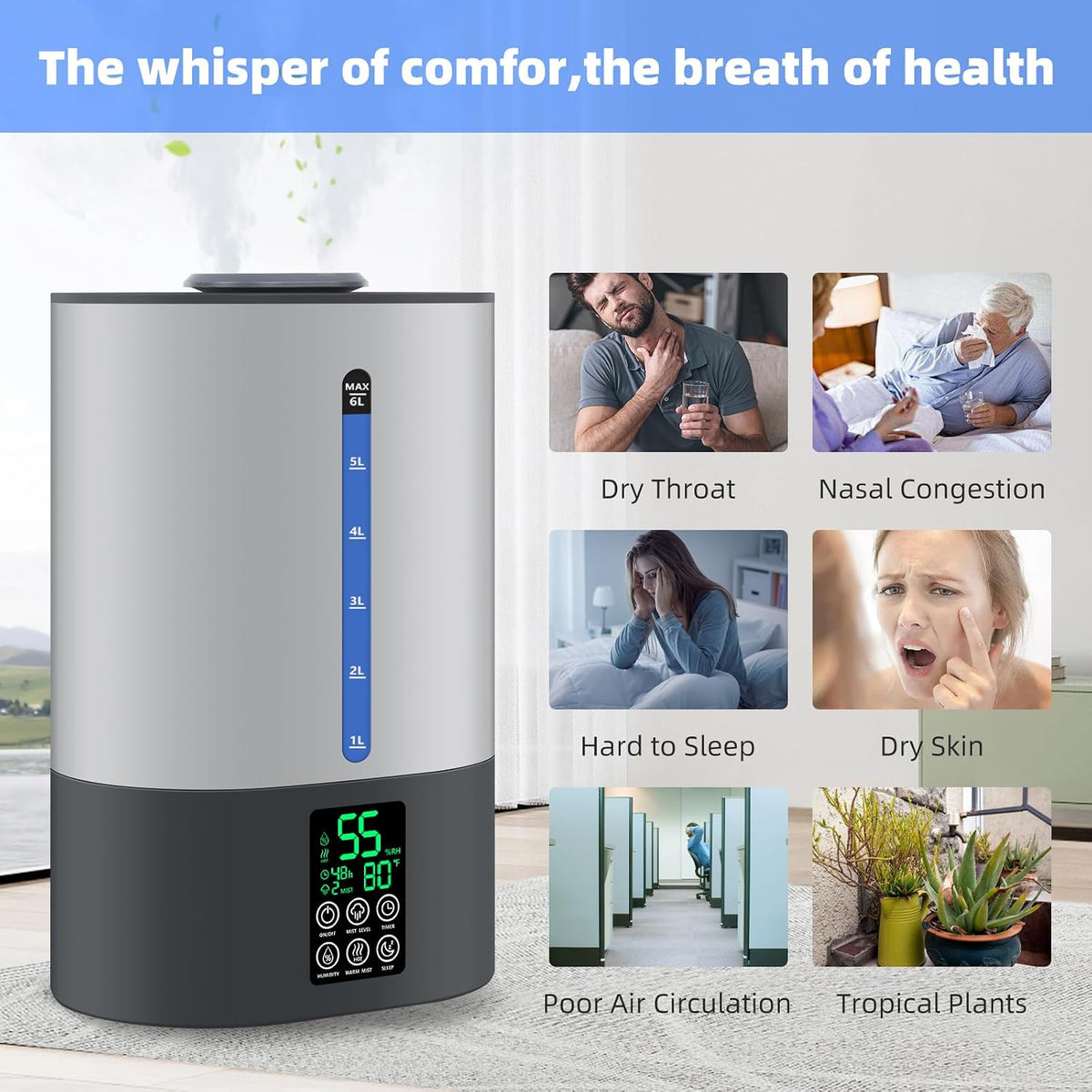 Coolfiqu 6L Warm & Cool Mist Humidifiers for Bedroom,Large Room,Plants