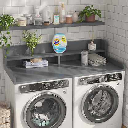 2-Tier Washer Dryer Countertop with 2.75" H Edge Rails, 54" W x 27.55" D Laundry Countertop for Folding Clothes, Washer and Dryer Topper with Non-Slip Pad (Dark Walnut)