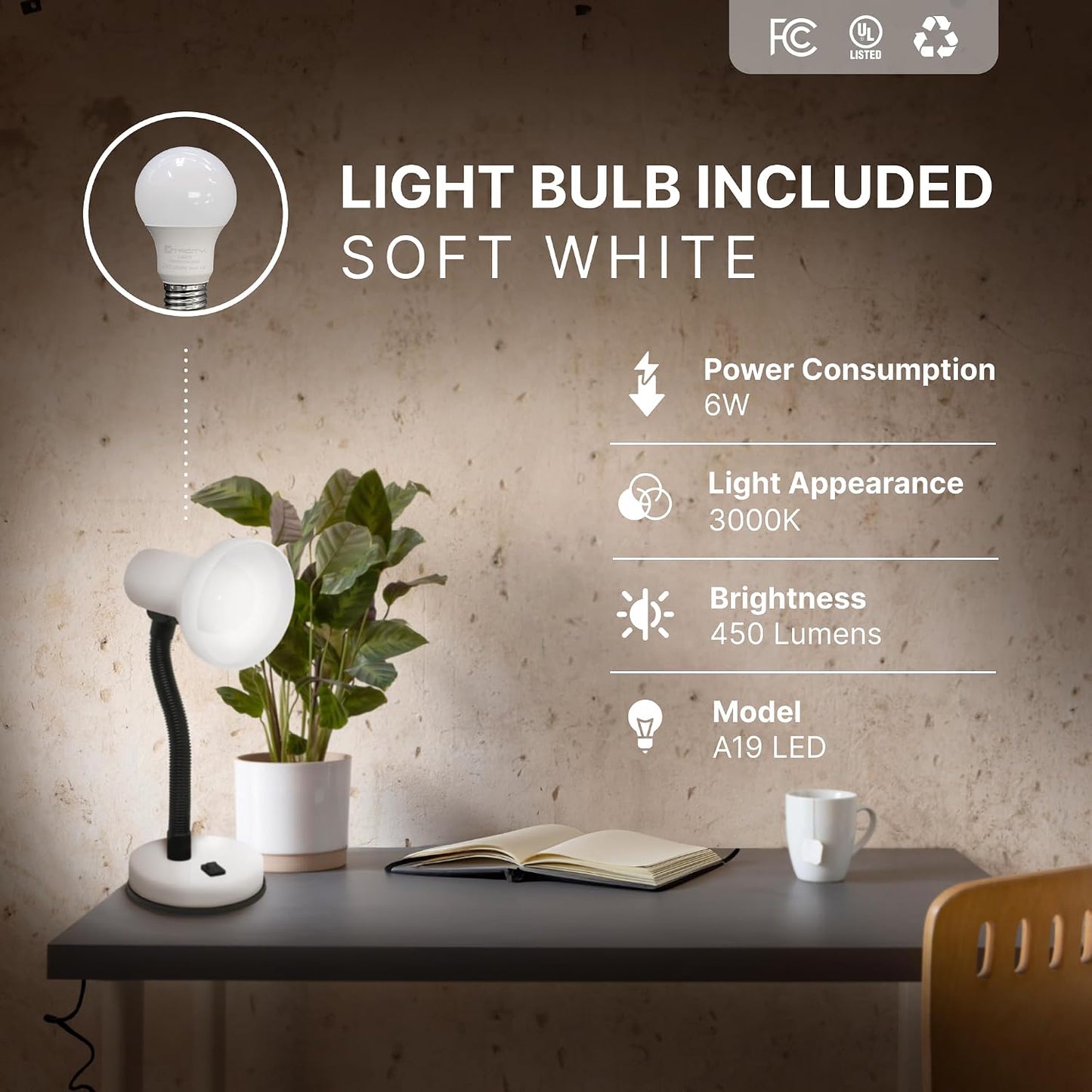 Xtricity LED Clip on Desk Lamp with 360° Flexible Gooseneck, White Finish | Reading Light for Bed Headboard– A19 Bulb Included, 120V, On/Off Switch, 10.25” Height Table Lamp