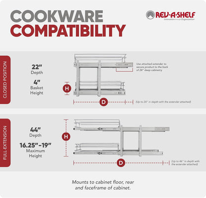 Rev-A-Shelf Pullout Organizer for Cabinets, Min Opening Width of 18" | STwo-Tier Steel Shelf for Kitchen or Vanity Cabinet Organization, Heavy Gauge Wire Slide Out Storage Basket, 5WB2-1822CR-1