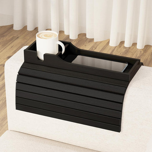SpaceAid Bamboo Couch Cup Holder, Anti Falling Foldable Sofa Armrest Tray with Cup Holder, Couch Arm Side Table Organizer for Drink Cup Remote Snacks (Natural)