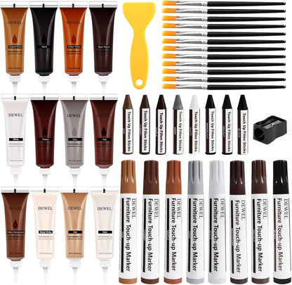 DEWEL Wood Furniture Repair Kit, Upgrade Wood Filler, Furniture Touch Up Markers with Wax Sticks, 42 Pcs Floor Touch Up kit for Scratches, Cracks, Hole, Laminate, Table, Bedposts