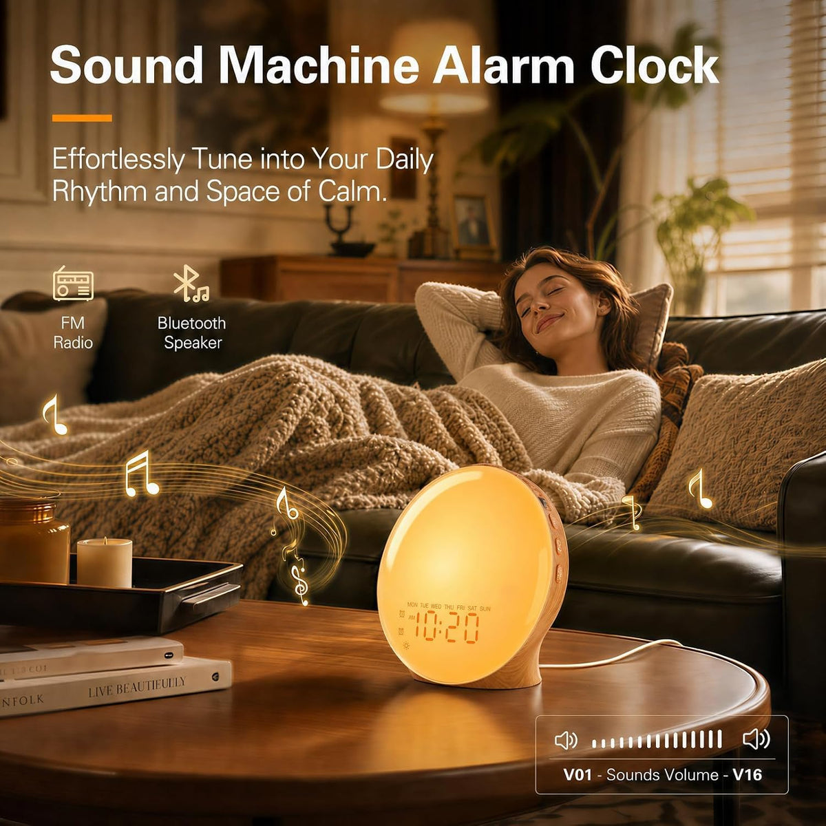 JALL Full-Screen Wake Up Light Sunrise Alarm Clocks for Bedrooms, White Noise Machine for Heavy Sleepers, 25 Natural Sounds, Dual Alarms, FM Radio, 17 Dimmable Colors, Bluetooth Speaker
