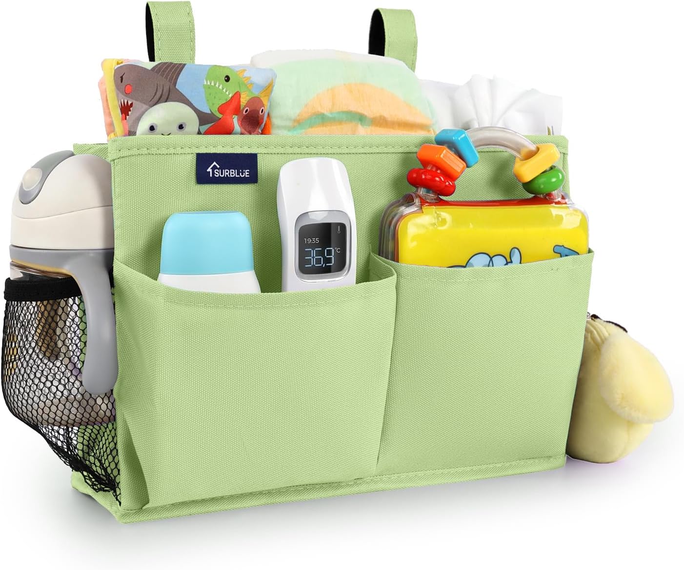 Surblue Bedside Caddy Hanging Organizer Storage Bag Pocket for Bunk, Hospital, College Dorm Rooms, Baby Bed Rails, Camp - 4 Pockets, 2 Hooks (Blue)