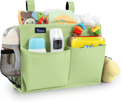 Surblue Bedside Caddy Hanging Organizer Storage Bag Pocket for Bunk, Hospital, College Dorm Rooms, Baby Bed Rails, Camp - 4 Pockets, 2 Hooks (Blue)